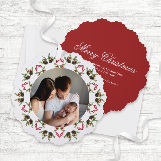 Adorno De Papel Red and Green Merry Christmas Photo Wreath (Red and green wreath photo ornament card.)