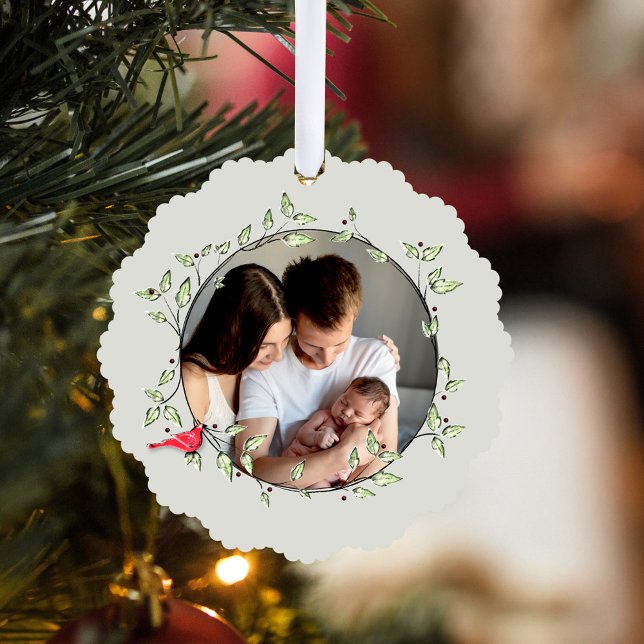 Adorno De Papel Red Cardinal Happy Holidays Custom Photo (Red cardinal and green wreath holiday photo ornament card.)