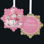 Adorno De Papel Regalo de Navidad con oro de Snowman rosado<br><div class="desc">Ornamento/saludo de Navidad con un lindo muñeco de nieve con un gorra rosado y una bufanda Personaliza la espalda con tu saludo y cualquier otro texto que elijas. Comuníquese conmigo para obtener ayuda con sus personalizaciones o para solicitar productos adicionales de correspondencias o coordinación.</div>