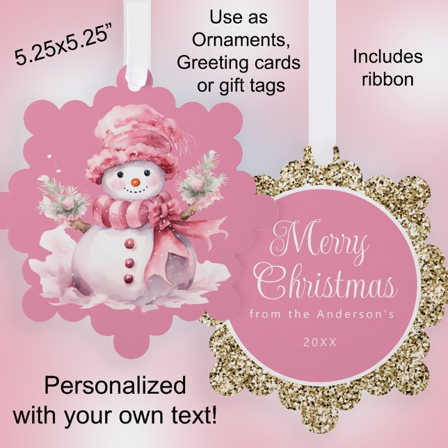 Adorno De Papel Regalo de Navidad con oro de Snowman rosado (Cute pink snowman Christmas ornament, greeting card, and gift tag combo)