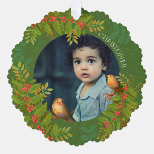 Adorno De Papel Robin Birds Holly Berry Photo Green