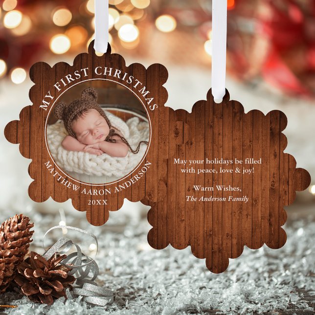 Adorno De Papel Rustic My First Christmas Photo Ornamcard Card (A greeting card that is also an ornament! Customize with your photo and personalized text.)