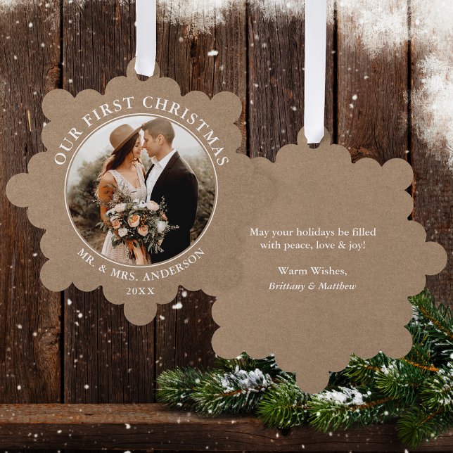 Adorno De Papel Rústica Kraft Nuestra primera foto de la pareja de (A greeting card that is also an ornament! Customize with your photo and personalized text.)