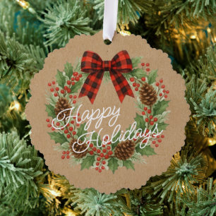 Adorno De Papel Rústico Holly Wreath Red Black Checkup Bow