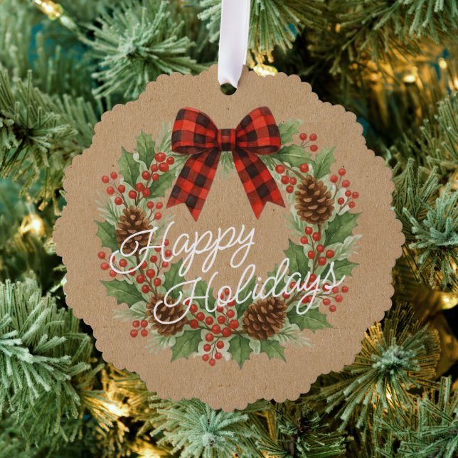 Adorno De Papel Rústico Holly Wreath Red Black Checkup Bow (Insitu (árbol))