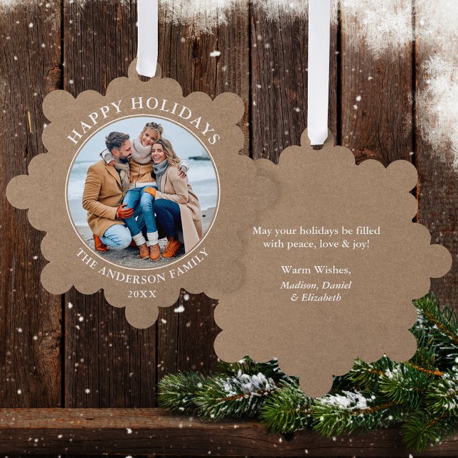 Adorno De Papel Rústico Kraft Style Happy Holidays (A greeting card that is also an ornament! Customize with your photo and personalized text.)