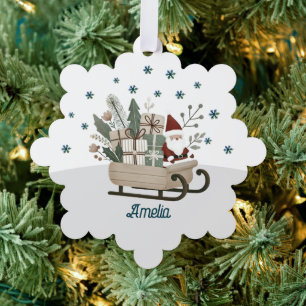 Adorno De Papel Santa en Trineo Regalos Copos de Nieve Nombre Navi