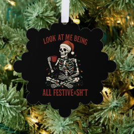 Adorno De Papel Santa Skeleton with Cat Holiday Snark