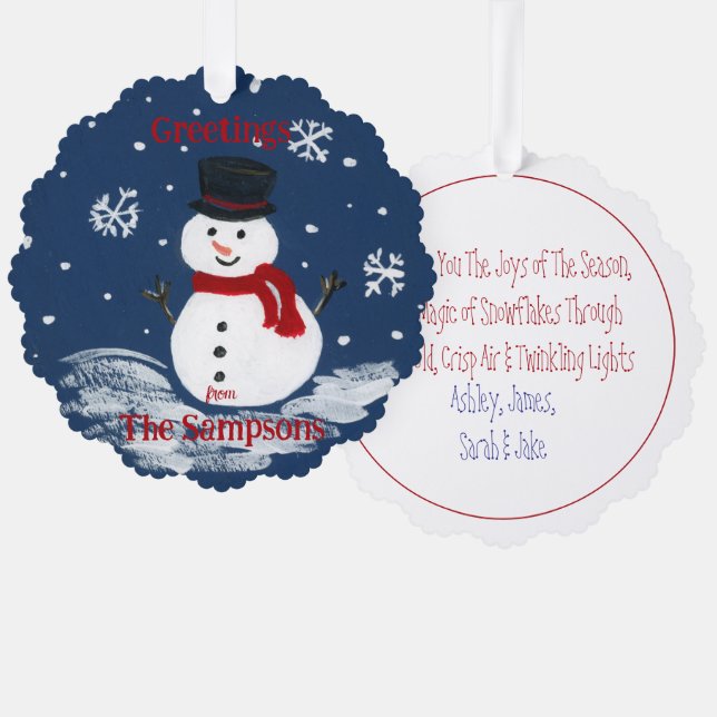 Adorno De Papel Snowman pintado a mano PERSONALIZA la ronda (Anverso/Reverso)