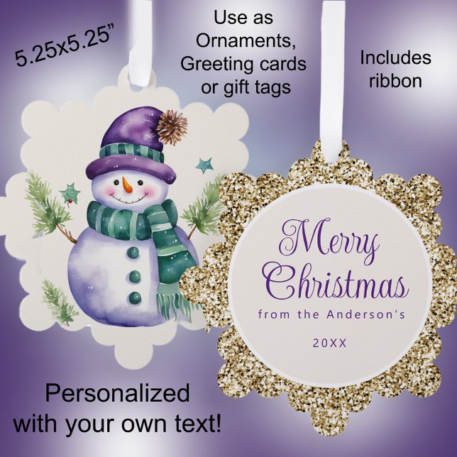 Adorno De Papel Snowman Purple Gold Green Feliz Navidad (Snowman with purple hat and gold trim Christmas ornament, gift tag, and greeting card all-in-one)