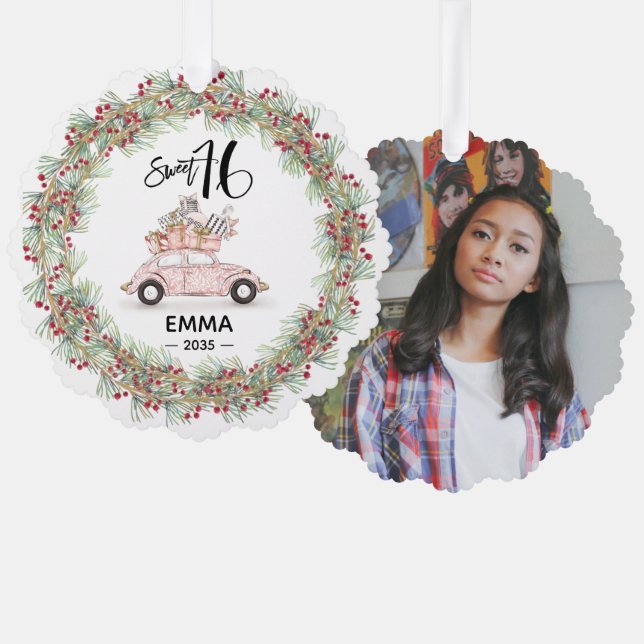 Adorno De Papel Sweet 16 Signature Script Car Photo Greenery (Anverso/Reverso)