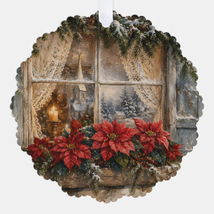 Adorno De Papel Ventana de Navidad con Poinsettia Nevada