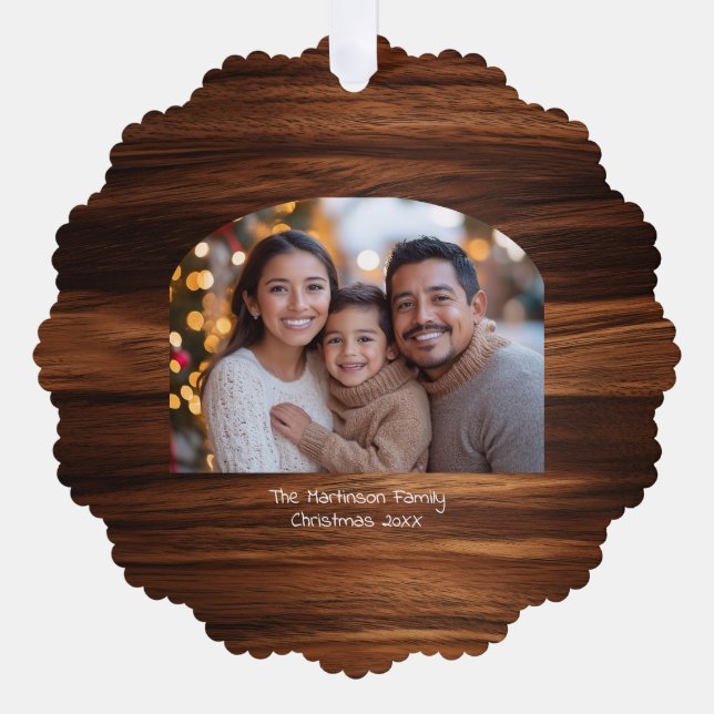 Adorno De Papel Wide Arch Family Christmas Photo Woodgrain (Anverso)