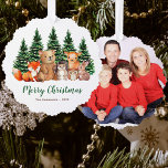 Adorno De Papel Winter Woodland Animals Watercolor Feliz Navidad<br><div class="desc">Diseño de Navidades con tema de bosques y animales forestales. Hay un grupo de lindos animales del bosque pintados con acuarela: un zorro rojo, un oso marrón, un erizo, un ciervo, una lechuza y un conejo, con pinos verdes con nieve detrás de ellos. El texto "Feliz Navidad" está escrito a...</div>