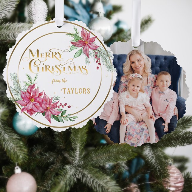 Adorno De Papel Wreath de Poinsettia moderna con fotografía caligr (Subido por el creador)