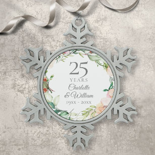 Adorno De Peltre Tipo Copo De Nieve 25° Aniversario del Boda de Plata Acuarela Floral