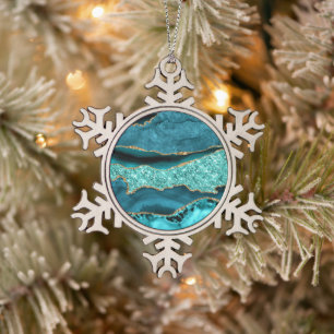 Adorno De Peltre Tipo Copo De Nieve Agate Verde azulado Purpurina de oro azul Marble A