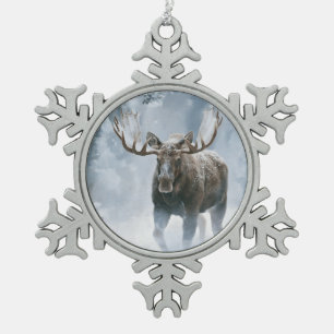 Adorno De Peltre Tipo Copo De Nieve Alce Macho Caminando a Través de la Nieve Boreal