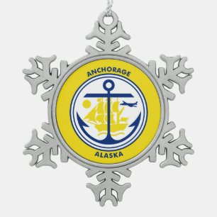 Adorno De Peltre Tipo Copo De Nieve Bandera de Anchorage, Alaska Pewter Christm
