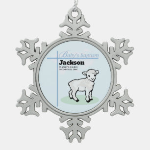 Adorno De Peltre Tipo Copo De Nieve Baptism Blue Boy Lamb, Personalizable