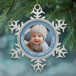 Adorno De Peltre Tipo Copo De Nieve Bebé primera Navidad Pastel simple Denim Blue Boy<br><div class="desc">Añada una imagen a este adorable adorno de vacaciones - perfecto para los niños. Un simple borde azul denim claro hace un adorno memorable para tu árbol. Una moderna letra mínima para el año con un lugar para subir una foto cuadrada.</div>