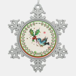 Adorno De Peltre Tipo Copo De Nieve Bluebird lindo con acebo verde y rojo
