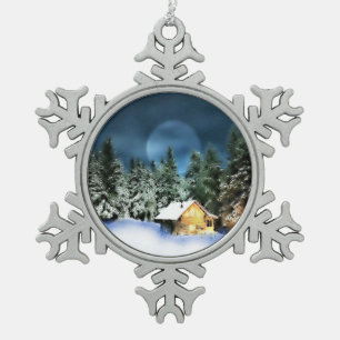 Adorno De Peltre Tipo Copo De Nieve Cabina Rustic Log con Luna Llena