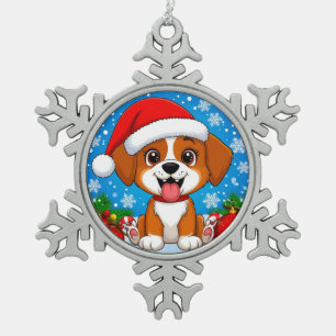 Adorno De Peltre Tipo Copo De Nieve Cachorro Adorable con Gorro de Santa y Regalos de