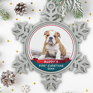 Adorno De Peltre Tipo Copo De Nieve Cachorro Bulldog 1er Navidad Cinta Roja Foto Perro