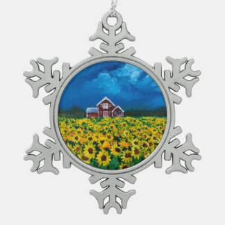Adorno De Peltre Tipo Copo De Nieve campo de girasol de verano del granero rojo del pa