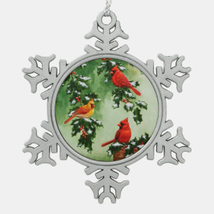 Adorno De Peltre Tipo Copo De Nieve Cardenales rojos del norte y acebo