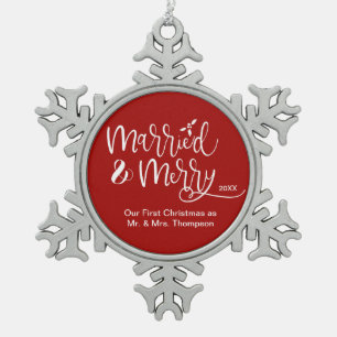 Adorno De Peltre Tipo Copo De Nieve Casada y Merry Newly se casó 1er Navidades Sr.& Sr