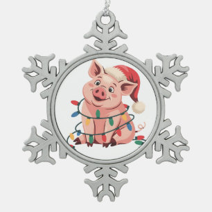 Adorno De Peltre Tipo Copo De Nieve Cerdo de luces de Navidad que lleva sombrero de Na