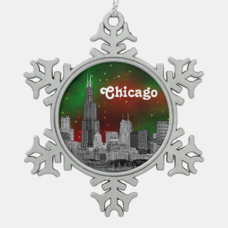 Adorno De Peltre Tipo Copo De Nieve Chicago Skyline Grabado, Cielo Estrellado Rojo Ver