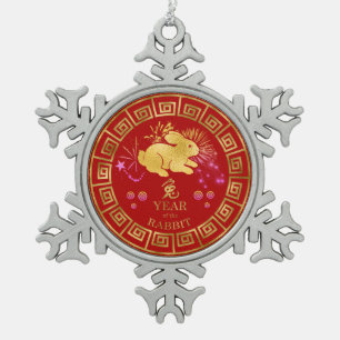 Adorno De Peltre Tipo Copo De Nieve Conejo zodiaco chino rojo/dorado ID542