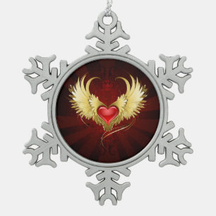 Adorno De Peltre Tipo Copo De Nieve Corazón Rojo con Alas Doradas