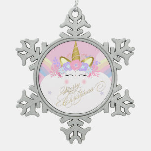 Adorno De Peltre Tipo Copo De Nieve Corona Floral de Unicornio, Feliz Navidad