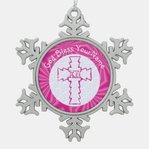 Adorno De Peltre Tipo Copo De Nieve Cruz Cristiana Femenina Rosa Personalizada