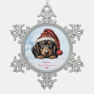 Adorno De Peltre Tipo Copo De Nieve Cute Dachshunds Perro Santa Hat 1 Navidades