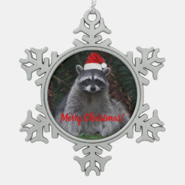 Adorno De Peltre Tipo Copo De Nieve Cuto Raccoon con sombrero de Santa Red