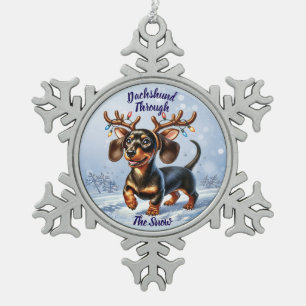 Adorno De Peltre Tipo Copo De Nieve Dachshund a través de la nieve
