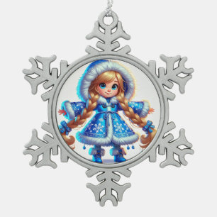 Adorno De Peltre Tipo Copo De Nieve Doncella de nieve adorable con abrigo azul