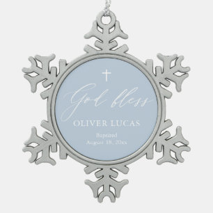 Adorno De Peltre Tipo Copo De Nieve Dusty Blue Cross Boy Baptismo Ornamento de copo de