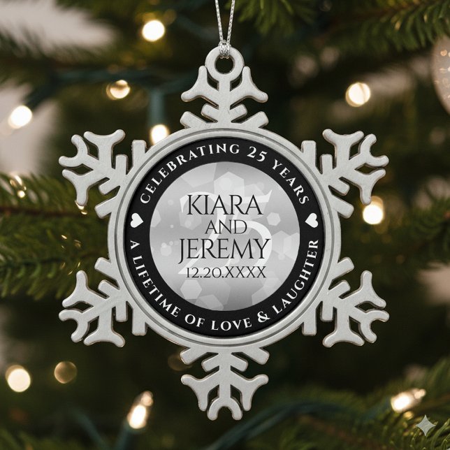 Adorno De Peltre Tipo Copo De Nieve Elegante 25° aniversario Boda de Plata (25th Silver Wedding Anniversary Pewter Snowflake Ornament Cover Photo)