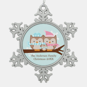 Adorno De Peltre Tipo Copo De Nieve Familia de búho de invierno