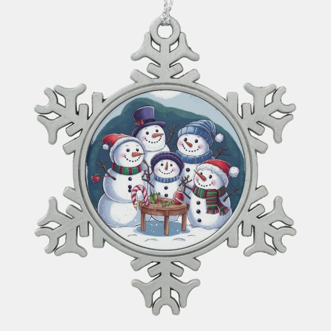 Adorno De Peltre Tipo Copo De Nieve Familia Snowman (Anverso)