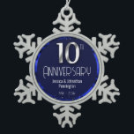 Adorno De Peltre Tipo Copo De Nieve Feliz décimo aniversario Boda<br><div class="desc">Bonito homenaje azul Feliz 10 Aniversario. Relieve metalizado falso el 10 y como marco fronterizo. Fondo de aceite azul creado por Valarie Wade. Pequeña joya de corazón azul en la esquina superior. Los nombres y las fechas son ajustables.</div>