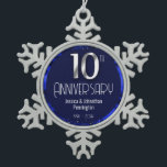 Adorno De Peltre Tipo Copo De Nieve Feliz décimo aniversario Boda<br><div class="desc">Bonito homenaje azul Feliz 10 Aniversario. Relieve metalizado falso el 10 y como marco fronterizo. Fondo de aceite azul creado por Valarie Wade. Pequeña joya de corazón azul en la esquina superior. Los nombres y las fechas son ajustables.</div>