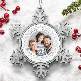 Adorno De Peltre Tipo Copo De Nieve Feliz Navidad Regal Personalizado Foto Plata Elega