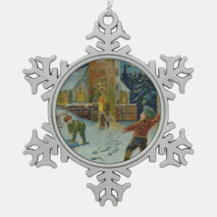 Adorno De Peltre Tipo Copo De Nieve Feliz Navidad - Tarjeta postal vintage de pelea de